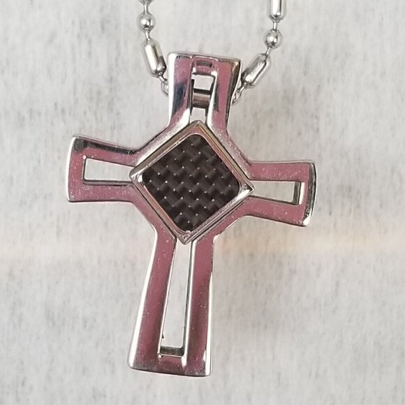 Unbranded Other - Men's Stainless Steel Cross Pendant Necklace 23" Chain Carbon Inlay Silver Tone
